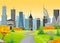 Cityscape Town Near Grass Field With Trees Cartoon Vector Illustration