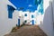 Cityscape with typical white blue colored houses in resort town Sidi Bou Said. Tunisia, North Africa