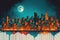 Cityscape under moonlight in abstract impressionist style