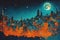 Cityscape under moonlight in abstract impressionist style