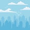 Cityscape urban towers flying birds clouds sky background