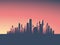 Cityscape vector background. Skyline wallpaper with skyscrapers in sunset or sunrise.