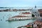 A cityscape of Venice, view of picturesque old buildings and Santa Maria della Salute Cathedral from the bell tower at Saint Mark