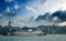 Cityscape of Victoria harbor with big ship