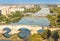 cityscape view on Ebro river with bridges , from tower of Cathedral Del Pilar