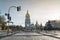 Cityscape view of empty Sofyivska Square with Saint Sophia Cathedral and Bohdan Kmelnitsky monument in the center of Kyiv, Ukraine