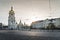 Cityscape view of empty Sofyivska Square with Saint Sophia Cathedral and Bohdan Kmelnitsky monument in the center of Kyiv, Ukraine