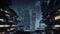 cityscape view of a futuristic cyberpunk city at night crowded with glowing tall brutalist apartment buildings with