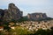 Cityscape view of Kalambaka ancient town with beautiful rock formation mountain, immense natural boulders pillars and sky