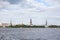 Cityscape view of old Riga architecture buildings and churches near river Daugava