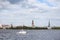 Cityscape view of old Riga architecture buildings and churches near river Daugava