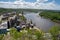 Cityscape view of Red Wing Minnesota, featuring the Mississippi River on a spring day. As seen from Barn Bluff hike