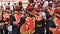 CIUDAD REAL, SPAIN - APRIL 14, 2017: Passing of orchestra musicians in traditional costumes during day procession of Holy Week