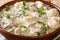 Ciulama de pui is a Romanian creamed chicken dish with mushrooms closeup in the bowl. Horizontal