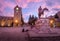 Civic Centre and Roca Statue at main square in downtown Bariloche City at sunset - San Carlos de Bariloche, Argentina