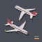 Civil aircraft in isometric style. Industrial drawing of 3d airplane. Front and back view. Plane icon