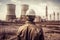 a civil engineer in a helmet looks at a nuclear power plant. energy industry. AI generated image