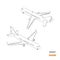 Civil isometric aircraft in outline style. Industrial blueprint of airplane. Front and back view. Plane contour icon