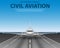 Civil passenger airliner jet on runway. Commercial realistic airplane concept front view. Plane in blue sky, travel