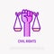 Civil rights thin line icon. Hand holding scales. Modern vector illustration