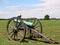 Civil war cannon with house and moument