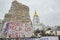 Civilian car shot by Russian soldiers. War in Ukraine. Destroyed russian tank on the Mykhailivs\\\'ka Square.