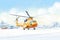 civilian helicopter taking off from a snowy runway