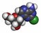 Cladribine cancer drug molecule. Atoms are represented as spheres with conventional color coding: hydrogen (white), carbon (grey