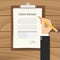 Claim denied concept illustration with businessman signing a paper document on top of clipboard wooden table