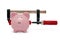 Clamp holding a piggy bank on white background