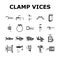 clamp vice grip tool metal icons set vector