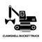 clamshell bucket truck icon, black vector sign with editable strokes, concept illustration