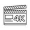 Clapper board black line icon. 4K ultra HD resolution movie shooting. Cinematograph concept. Pictogram for web page, mobile app,