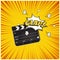 Clapperboard with Clap word speech bubble on vintage manga style background. Vector retro cinema illustration.