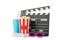 Clapperboard, paper cup, bucket with popcorn, tickets and 3d glasses isolated