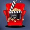 Clapperboard with popcorn on movie sofa - vector