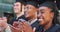 Clapping, school or happy graduates in ceremony for graduation or celebration outside together. Diversity, faces or