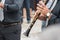 clarinet band musician walking in the street