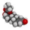 Clascoterone drug molecule. 3D rendering. Atoms are represented as spheres with conventional color coding: hydrogen white,