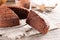 Clasic chocolate sponge cake Pan di Spagna selective focus