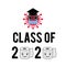 Class of 2020 funny typography poster with cartoon coronavirus, protective mask, graduation cap and toilet paper. COVID-19