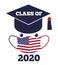 Class of 2020 text, graduation cap, protection face mask, american flag, Template for graduation design, yearbook