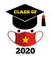 Class of 2020 text, graduation cap, protection face mask, vietnamese flag, Template for graduation design, yearbook