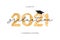 Class of 2021. Graduation banner with gold numbers, graduate academic cap and golden glitter. Concept for graduation design.