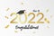 Class of 2022. Graduation banner with gold numbers, graduate academic cap and golden confetti. Concept for graduation design.