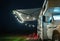 Class C Motorhome RV with String Lights on the Camper Awning