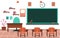 Class School Nobody Classroom Blackboard Table Chair Education Illustration