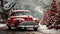 Classic 50\\\'s Car Parked Outside in the Snow Amongst Christmas Trees. Generative AI