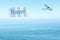 Classic airplane pulling banner with text-Travel on sky, sea background. Travel concept.