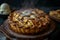 Classic American apple pie, golden crust with a lattice top, steam rising, on a rustic table